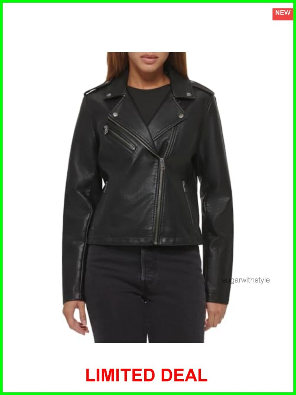Faux Leather Asymmetrical Moto Jacket Snap Lapels Epaulettes